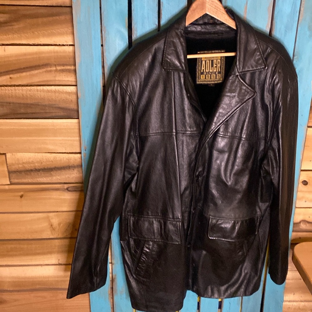 Adler long black leather coat with zip out liner four pockets